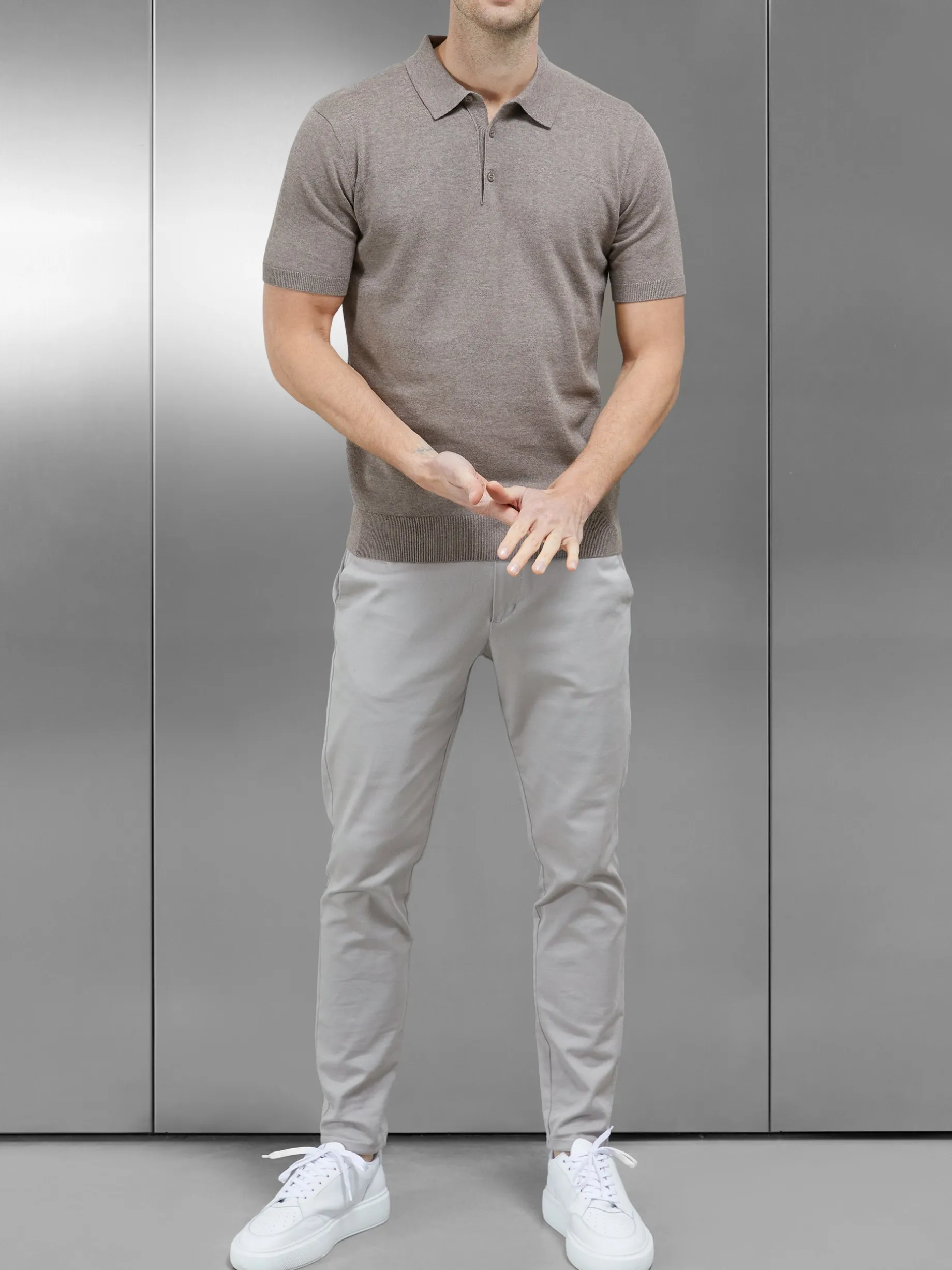 Cotton Knitted Button Polo Shirt - Taupe