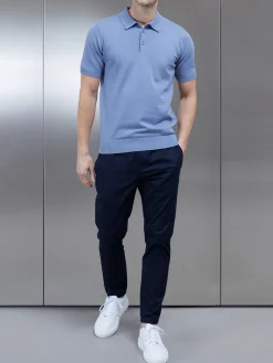 Cotton Knitted Button Polo Shirt - Silk Blue