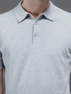 Cotton Knitted Button Polo Shirt - Marl Grey