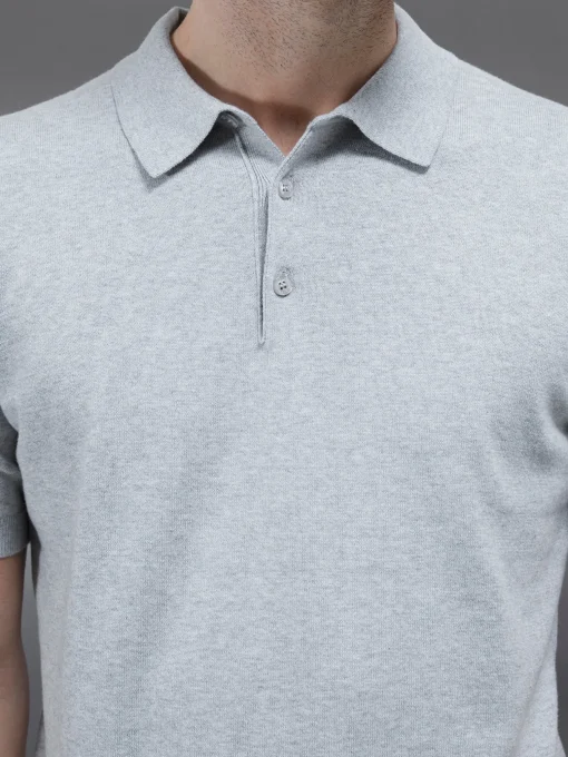 Cotton Knitted Button Polo Shirt - Marl Grey