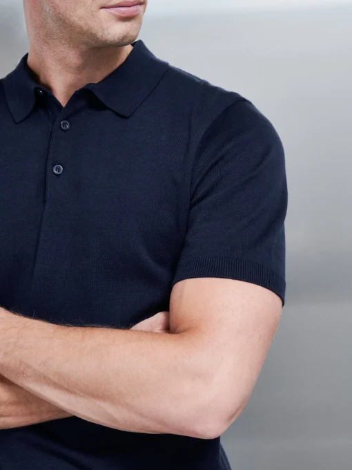 Cotton Knitted Button Polo Shirt - Navy
