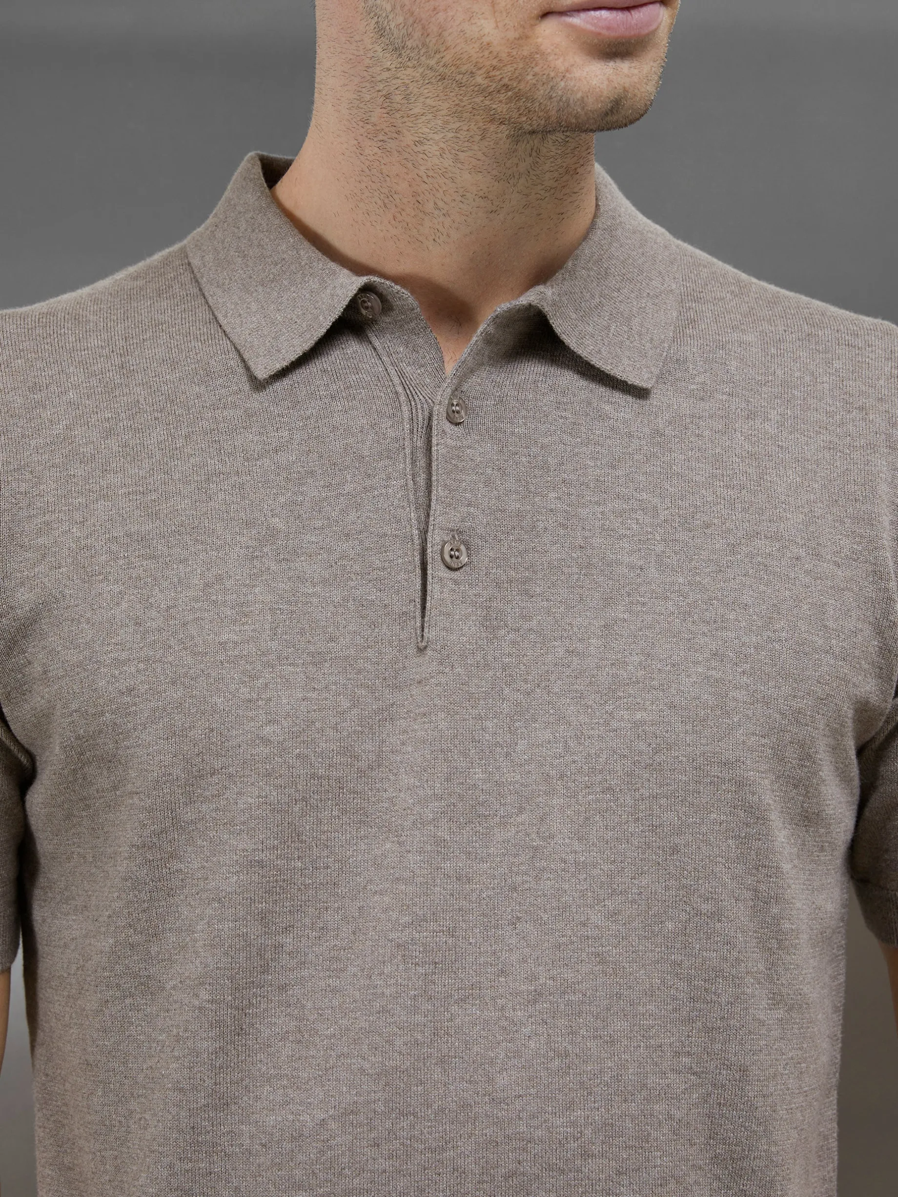 Cotton Knitted Button Polo Shirt - Taupe