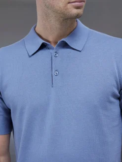 Cotton Knitted Button Polo Shirt - Silk Blue