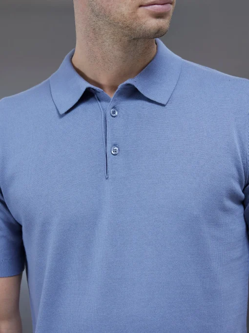 Cotton Knitted Button Polo Shirt - Silk Blue