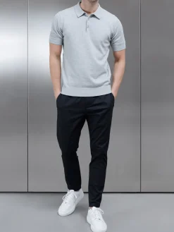 Cotton Knitted Button Polo Shirt - Marl Grey