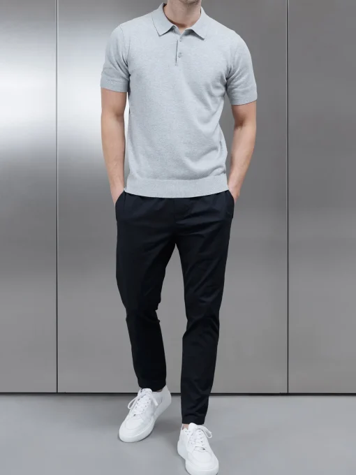 Cotton Knitted Button Polo Shirt - Marl Grey