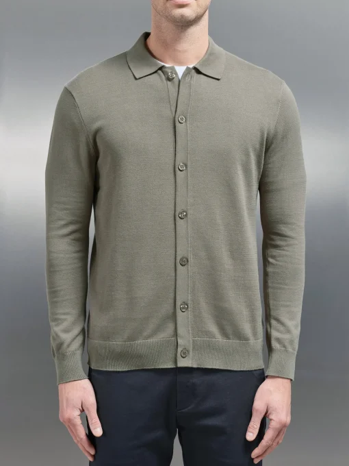 Cotton Knitted Button Through Shirt - Sage