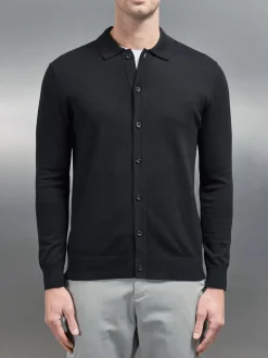 Cotton Knitted Button Through Shirt - Black