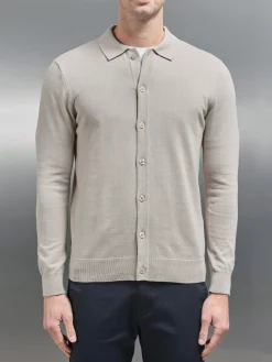 Cotton Knitted Button Through Shirt - Stone