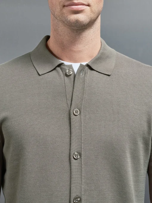 Cotton Knitted Button Through Shirt - Sage