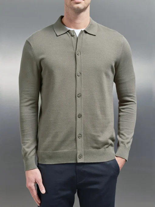 Cotton Knitted Button Through Shirt - Sage