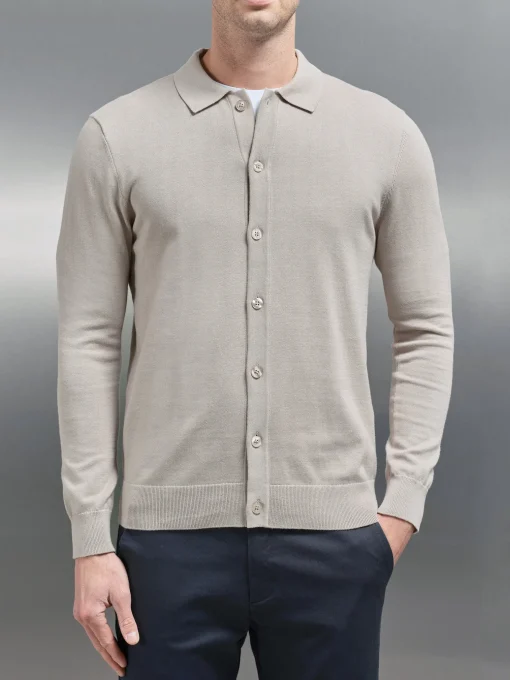 Cotton Knitted Button Through Shirt - Stone