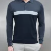 Cotton Knitted Colour Block Polo Shirt - Navy