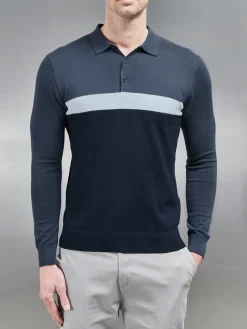 Cotton Knitted Colour Block Polo Shirt - Navy