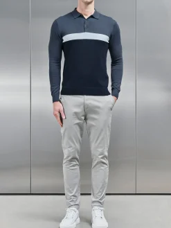 Cotton Knitted Colour Block Polo Shirt - Navy