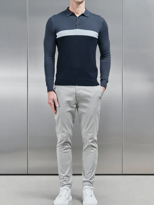 Cotton Knitted Colour Block Polo Shirt - Navy
