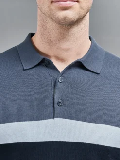Cotton Knitted Colour Block Polo Shirt - Navy