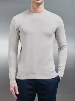 Cotton Knitted Crew Neck Sweatshirt - Oatmeal