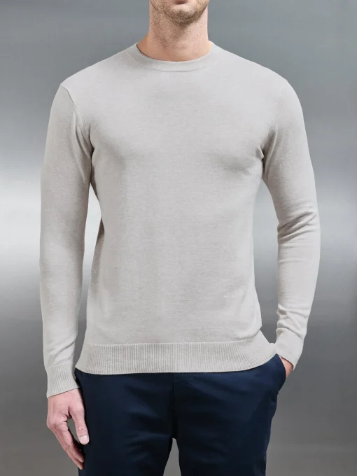 Cotton Knitted Crew Neck Sweatshirt - Oatmeal
