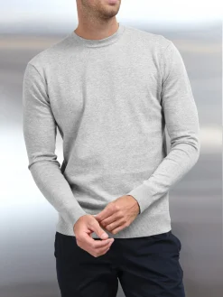 Cotton Knitted Crew Neck Sweatshirt - Marl Grey