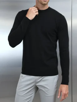Cotton Knitted Crew Neck Sweatshirt - Black
