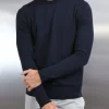 Cotton Knitted Crew Neck Sweatshirt - Navy