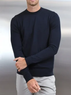 Cotton Knitted Crew Neck Sweatshirt - Navy