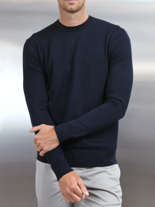 Cotton Knitted Crew Neck Sweatshirt - Navy