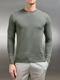 Cotton Knitted Crew Neck Sweatshirt - Sage