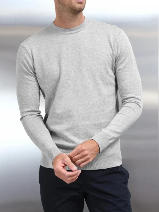Cotton Knitted Crew Neck Sweatshirt - Marl Grey