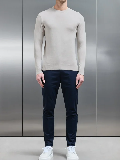Cotton Knitted Crew Neck Sweatshirt - Oatmeal