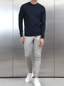 Cotton Knitted Crew Neck Sweatshirt - Navy