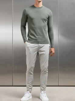 Cotton Knitted Crew Neck Sweatshirt - Sage