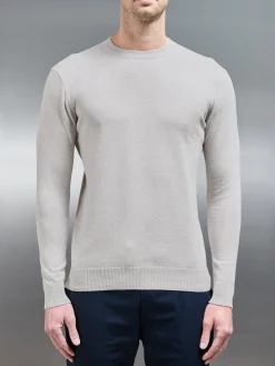 Cotton Knitted Crew Neck Sweatshirt - Oatmeal