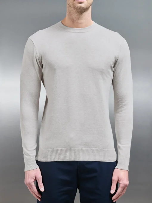 Cotton Knitted Crew Neck Sweatshirt - Oatmeal