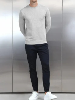 Cotton Knitted Crew Neck Sweatshirt - Marl Grey