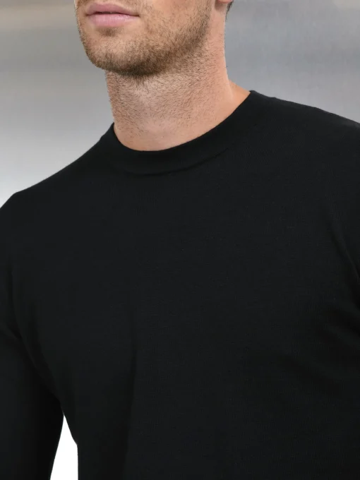 Cotton Knitted Crew Neck Sweatshirt - Black