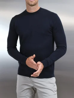 Cotton Knitted Crew Neck Sweatshirt - Navy