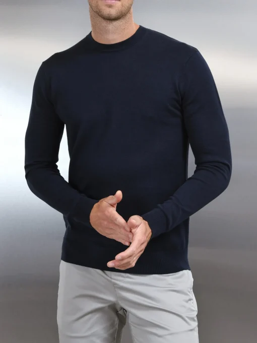 Cotton Knitted Crew Neck Sweatshirt - Navy