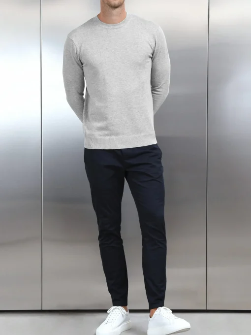 Cotton Knitted Crew Neck Sweatshirt - Marl Grey