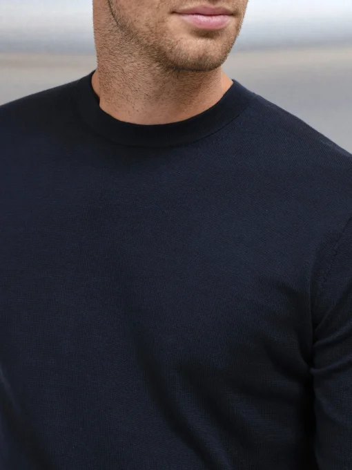 Cotton Knitted Crew Neck Sweatshirt - Navy