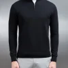 Cotton Knitted Half Zip Funnel Neck Jumper - Black
