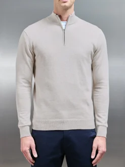 Cotton Knitted Half Zip Funnel Neck Jumper - Oatmeal