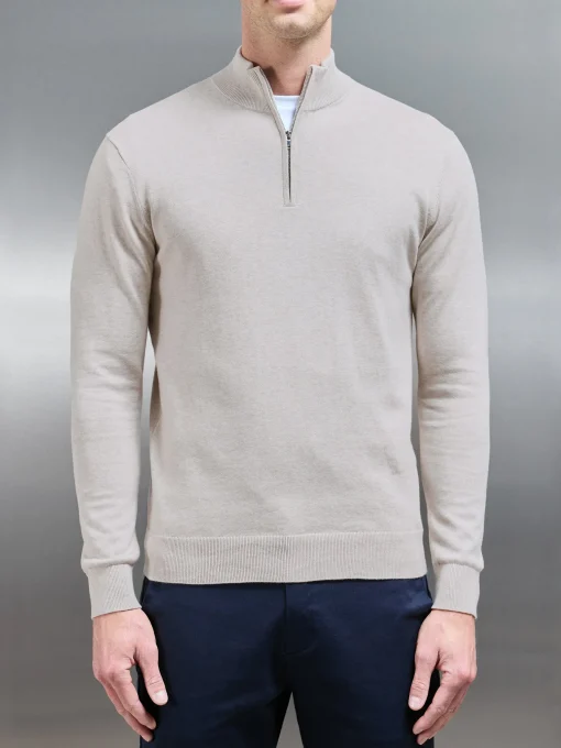 Cotton Knitted Half Zip Funnel Neck Jumper - Oatmeal