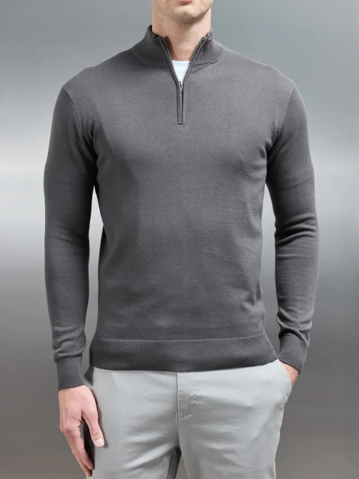 Cotton Knitted Half Zip Funnel Neck Jumper - Charcoal