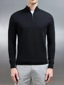 Cotton Knitted Half Zip Funnel Neck Jumper - Black