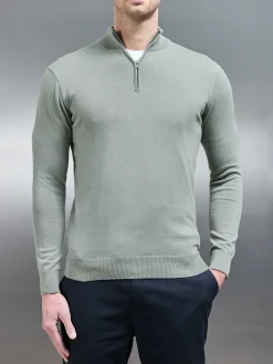 Cotton Knitted Half Zip Funnel Neck Jumper - Light Sage