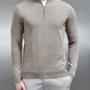 Cotton Knitted Half Zip Funnel Neck Jumper - Taupe Marl