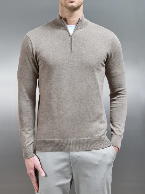 Cotton Knitted Half Zip Funnel Neck Jumper - Taupe Marl