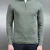 Cotton Knitted Half Zip Funnel Neck Jumper - Sage